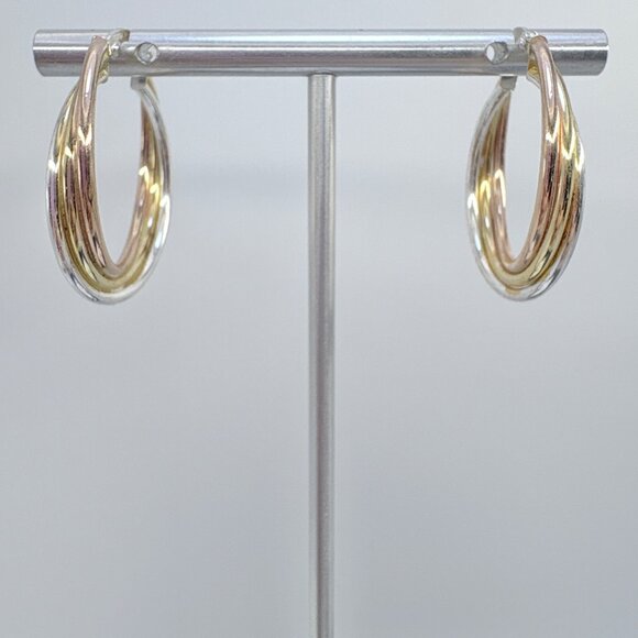 VTG Sterling Silver 925 Tri Tone Triple Hoop Earrings Hinged Post 1.25" Diameter - Picture 5 of 9